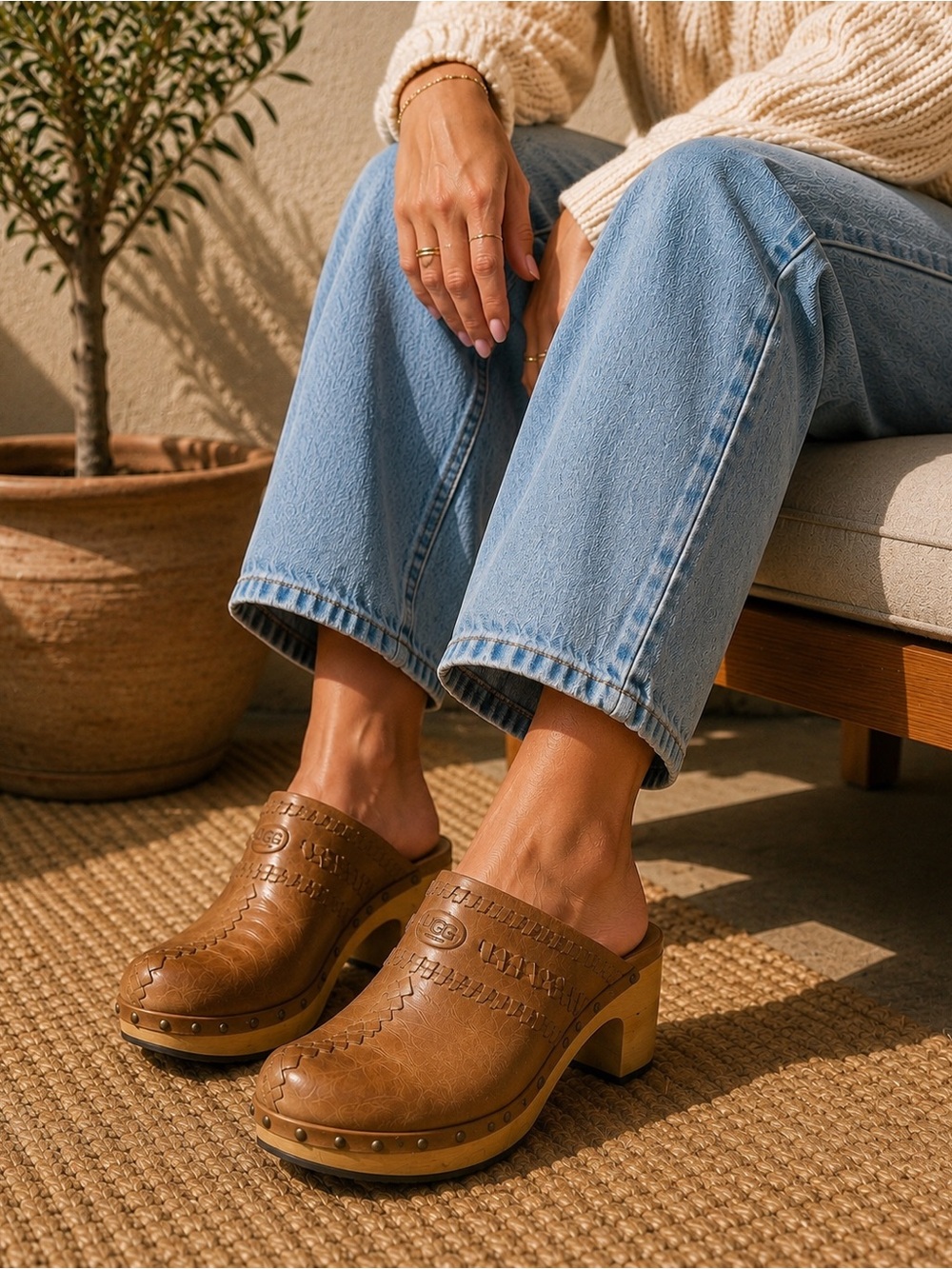 UGG Clogs Vivica Leather Wood Platform Mules Tan Women’s US 8